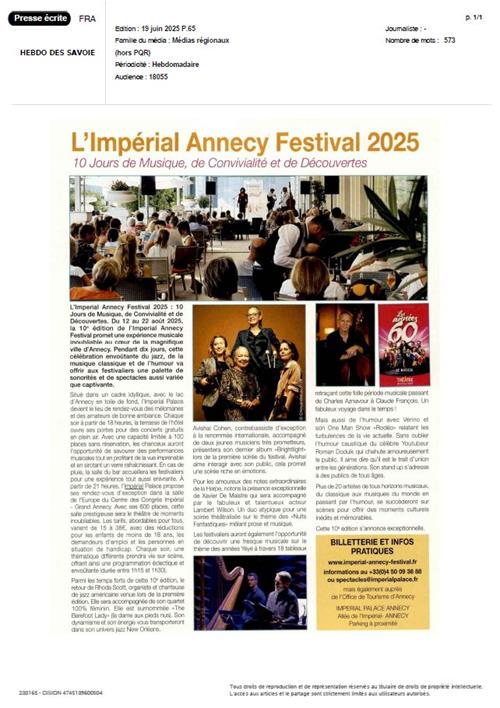 HEBDO DES SAVOIE : l'Impérial Annecy Festival 2025
