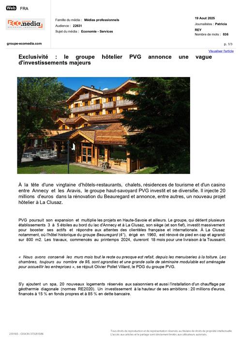ECOMEDIA : Le groupe hôtelier PVG annonce une vague d'investissements majeurs