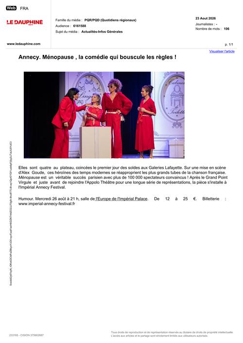 LE DAUPHINE : Annecy. Ménopause , la comédie qui bouscule les règles !