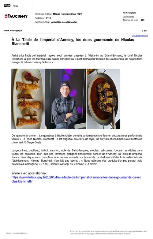 LE FAUCIGNY : À La Table de l'Impérial d'Annecy, les duos gourmands de Nicolas Bianchetti